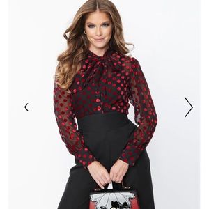 Unique Vintage Black & Red Dot Sheer Gwen Blouse
